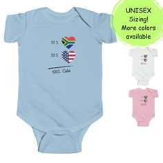 South African Baby short sleeve one-piece bodysuit, 1/2 American 1/2 South African shirt, half American half South African infant baby grow Baby clothing needs to be both durable and soft. With the Rabbit skins infant fine jersey bodysuit, youths get just that. The fabric is 100% cotton for solid colors. For heather colors, polyester is included. There are seams along the sides of this product. All bindings are made with ribbed knitting for improved durability. There are plastic snaps at the cro Fitted Cotton Short Sleeve Bodysuit, Blue Cotton Short Sleeve Bodysuit, Fitted Short Sleeve Bodysuit With Graphic Print, White Unisex Short Sleeve Onesie, Fitted Graphic Print Short Sleeve Bodysuit, Casual Fitted Short Sleeve Onesie, Casual Short Sleeve Onesie With Graphic Print, White Short Sleeve Bodysuit With Graphic Print, Casual Short Sleeve Onesie