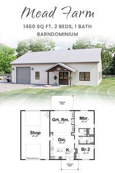 the floor plan for a barn style home with two garages and an attached porch