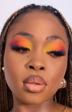 Orange Fall Makeup, Deep Winter Color Palette Black Women, Pink And Yellow Makeup Looks, Orange Shadow, Yellow And Red Makeup Looks, Orange And Pink Makeup, Sunset Eye Makeup, Vibrant Eyeshadow Looks, Pink And Orange Makeup