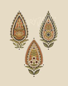 three different colored designs on a beige background