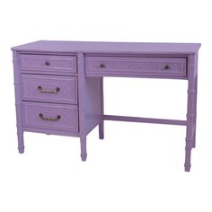 a purple desk with three drawers on it