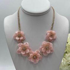 Beautiful Pink Sculptured Flowers With Large Center Rhinestones Necklace Is Feminine And Subtle. Beautiful Pink Acetate Flowers Accented With Clear Rhinestones In Center Five Stationary Flowers On Gold Tone Chain Approximately 17" With 3" Extender Flowers Are 1.5” Wide Chic Pink Flower-shaped Jewelry, Elegant Pink Flower Necklace For Party, Pink Flower Necklace For Wedding, Feminine Flower Necklace For Party, Pink Necklaces For Spring Wedding, Chic Pink Necklace For Spring, Spring Party Pink Flower Necklace, Rhinestones Necklace, Pink Blush