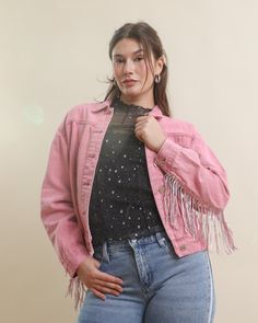 Rock the fringe trend with our Pink Western Sequin Embellished Fringe Jacket! This lightly washed pink denim style features a button-up design, eye-catching sequined fringe and a long sleeve fit that adds an instant touch of glam to your look. Keep it casual with a graphic tee and jeans, or add some sparkle with a glitter mesh top and flare pants for your next night out. Fall Fringe Cotton Denim Jacket, Fall Cotton Denim Jacket With Fringe, Fringe Cotton Denim Jacket For Fall, Spring Cotton Denim Jacket With Fringe, Spring Denim Jacket With Fringe In Cotton, Trendy Fringe Denim Jacket For Spring, Trendy Fringed Denim Jacket For Spring, Cotton Denim Jacket With Fringe, Trendy Fringed Cotton Denim Jacket