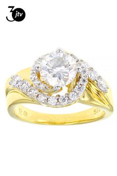 Moissanite Fire�� 1.80ct diamond equivalent weight round, 14k yellow gold over sterling silver  swirl ring. White rhodium settings. Measures 7/16"L x 1/8"W and is not sizeable. Actual moissanite weight is 1.64ctw. Swirl Ring, Swirl, Yellow Gold, Sterling Silver, Ring, Yellow, Silver, Gold, White