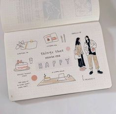 an open notebook with drawings on it and the words happy written in different languages next to each other