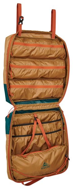 an open brown and blue backpack with orange straps on the front, and two zippers at the bottom