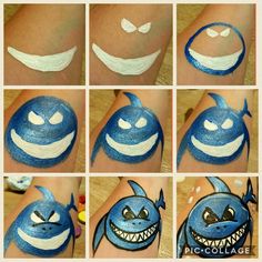 Easy Face Painting Step By Step, Easy Face Painting Designs Step By Step, Face Painting Step By Step, Face Paint Step By Step, Shark Face Paint, Kids Halloween Face, Face Paint Party, Festival Face Paint