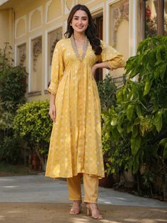 Yellow Muslin Printed Kota Hand Embroidered Kurta Pant Set A Line Kurti Designs, A Line Kurti, Gown With Dupatta, Kurta Patterns, Kurta Pant Set, Embroidery Print, Simple Kurta Designs, Designer Kurti Patterns, Printed Palazzo Pants