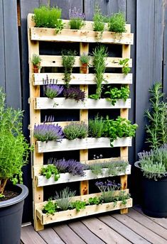 a wooden pallet filled with lots of plants