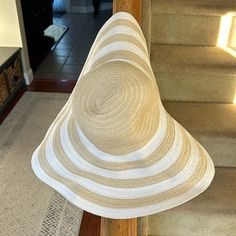 Shield The Sun From Your Eyes With This Vera Bradley Floppy Sun Hat. Tan And White. Never Used. Striped Bucket Sun Hat For Beach, Striped Bucket Hat For Beach, Striped Bucket Hat For The Beach, Striped Brimmed Sun Hat For Beach, Striped Brimmed Sun Hat For The Beach, Striped Wide Brim Beach Hat, White Bucket Sun Hat For Beach, White Summer Sun Hat, One Size, Striped Brimmed Sun Hat For Vacation