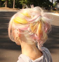 Blonde Hair With Yellow Highlights, Pastel And Blonde Hair, Blonde Multicolor Hair, Rainbow Dash Hair Hairstyles, Blonde With Yellow Highlights, Multi Dyed Hair, Blonde Hair Fun Color Ideas, Rainbow And Blonde Hair, Blonde Pink And Blue Hair