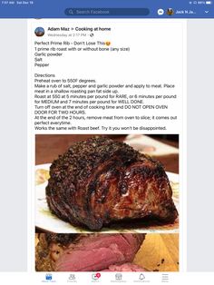 a facebook post with an image of steak on it