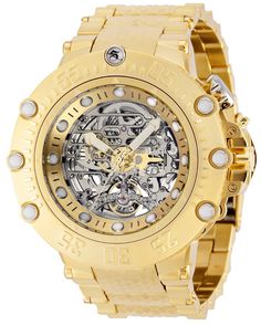 From the Subaqua Collection by Invicta, this Gold Men's Watch is powered by high-quality 7500 movement. This Invicta Watch has a 52 millimeter Gold case, that is protected by Flame Fusion crystal. It is water-resistant up to 200 meters. Invicta Model  comes with a three-year warranty from InvictaStores.com. Gold Chronograph Watch With Metal Dial As Gift, Gold Chronograph Watch With Metal Dial For Gift, Gold Automatic Chronograph Watch As Gift, Gold Automatic Chronograph Watch For Gift, Gold Automatic Watches, Gold Watch With Skeleton Dial, Yellow Gold Watch Accessories With Skeleton Dial, Gold Skeleton Dial Watch, Luxury Gold Chronograph Watch With Skeleton Dial