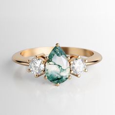 Engagement Rings Moss, Engagement Rings Moss Agate, Green Engagement Ring, Pear Moss, Green Engagement Rings, Trillion Diamonds, Green Gemstone Ring, White Sapphire Engagement Ring, Gold Sapphire Ring