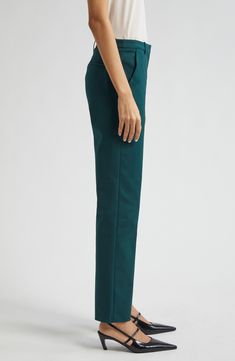 Refresh your wardrobe with straight-leg pants cut from a comfortable stretch-cotton blend. Zip fly with hook-and-bar closure Front slant pockets; back welt pocket 56% cotton, 40% viscose, 4% elastane Dry clean Imported Slim Fit Straight Work Pants, Green Stretch Straight Leg Dress Pants, Fitted Bottoms With Five Pockets And Straight Silhouette, Straight Work Pants With Side Pockets, Fitted Work Pants With Side Pockets And Straight Hem, Business Casual Straight Silhouette Bottoms For Spring, Tailored Straight Leg Work Pants In Elastane, Tailored Straight Leg Elastane Work Pants, Straight Leg Elastane Work Pants