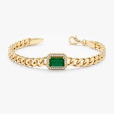 Embrace bold opulence with the Emerald & Diamond Cuban Bracelet. This exquisite piece showcases a stunning interplay of vibrant emeralds and dazzling diamonds, expertly set within the gleaming links of a 14k solid gold Cuban chain. The emerald's captivating green hues contrast beautifully with the diamonds' fiery sparkle, creating a truly luxurious statement piece. - Handmade - Solid Gold - Natural Diamonds and Emerald  - G Color, SI Quality Diamonds - Total Diamond Carat Weight: 0.08 ctw - Total Emerald Carat Weight: 1.14 ctw - Dimensions of the Setting: 8 x 16 mm 🛠 Your Sarah Elise piece is handcrafted with care! Ready-to-ship items go out within 3 business days. Made-to-order pieces typically take 7-10 business days to create. If you need something sooner, please contact us - we'll see Elegant Cuban Link Bracelets For Anniversary, Elegant Cuban Link Bracelet With 17 Jewels For Gift, Elegant Green Chain Bracelet, Formal Gold Gemstone Chain Bracelet, Formal Green Jubilee Chain Bracelet, Luxury Gold Chain Bracelet With Gemstone, Formal 14k Gold Chain Bracelet With Gemstones, Diamond Chain Bracelet, Gold Cuban Chain