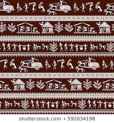 an ancient pattern with people and animals on the red background, in white colors illustration