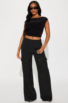 Available In Black/White. Trouser Pant Mid Rise Zip Front Closure Hand Pockets Cargo Pockets Zipper Detail Pinstripe Wide Leg Non Stretch 32" Inseam 73% Polyester 25% Rayon 2% Spandex Imported | Double Take Mid Rise Pinstripe Trouser in Black/White size XS by Fashion Nova Black High-waisted Bottoms With Vertical Stripes, Casual Black Bottoms With Vertical Stripes, Trendy Black Bottoms With Vertical Stripes, Sweater Jumpsuit, Double Take, Black White Fashion, Zipper Detail, Bottom Clothes, White Fashion