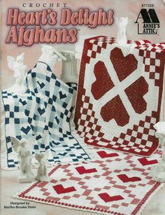 the cover of crochet heart's delight afghans, featuring red and white squares