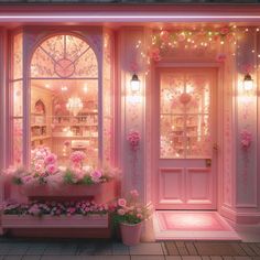 a pink store front with flowers in the window and lights hanging from the building's windows