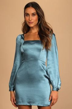 Look Hot in the Cold With Our Cute Winter Dresses for Women | Affordable, Trendy Winter Dress Outfits - Lulus Midi Homecoming Dresses, Slate Blue Dresses, Satin Dresses Long Sleeve, Green Satin Dress, Chic Cocktail Dress, Cute Short Dresses, Stylish Short Dresses, Winter Dress Outfits, Short Cocktail Dress