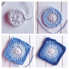 crocheted squares are shown in four different ways