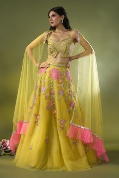 Yellow attached cancan lehenga with handwork sequin, thread, cutdana, mirror embroidery in floral pattern. Paired with embroidered padded blouse and pink ruffle bordered dupatta. - Aza Fashions Yellow Sharara With Intricate Embroidery For Party, Wedding Embellished Tissue Silk Choli, Yellow Organza Set With Intricate Embroidery, Yellow Organza Sets With Intricate Embroidery, Yellow Organza Pre-draped Saree For Party, Yellow Party Sets With Intricate Embroidery, Fitted Net Lehenga With Intricate Embroidery, Fitted Lehenga With Intricate Embroidery In Net, Embellished Organza Sets For Reception