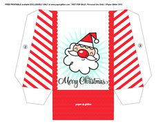 an open christmas card with santa's face on the front and bottom, in red and white stripes