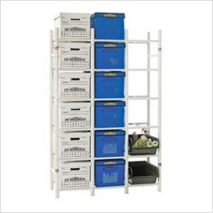 a white shelving unit with blue bins