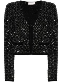 black sequin embellishment front hook and eye fastening plunging V-neck long sleeves ribbed cuffs and hem V-neck Winter Evening Outerwear, Fitted V-neck Luxury Cardigan, Chic Sequined Cardigan, Chic Long Sleeve Sequined Cardigan, Winter Embellished Long Sleeve Blazer, Chic Winter Embellished Cardigan, Chic Embellished Cardigan For Party, Chic Sequined Cardigan For Fall, Chic Embellished Cardigan For Fall