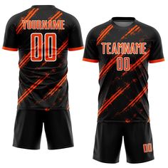 a black and orange soccer uniform with the name teamname 00 printed on it's chest