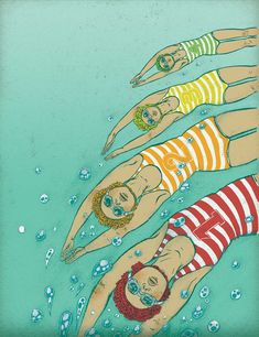 three people floating in the water with bubbles on their heads and one is wearing a red striped shirt