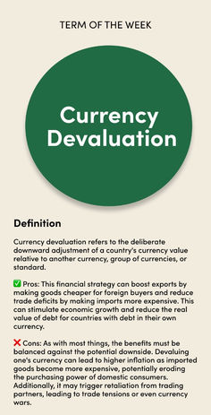 a green circle with the words currency devlauation written in white and black on it