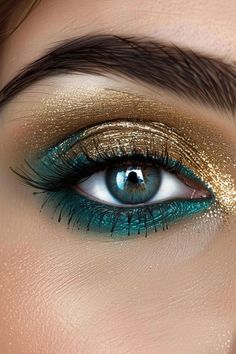 From SWILT Teal And Gold Outfit Ideas, Gold And Teal Eye Makeup, Teal And Gold Eyeshadow Looks, Makeup For Teal Eyes, Teal Wedding Makeup, Teal Blue Eye Makeup, Teal And Gold Makeup Looks, Teal Smokey Eye, Teal And Gold Outfit