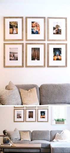 a living room filled with furniture and framed pictures on the wall above it's couch