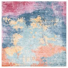 an abstract rug with pink, blue and yellow colors