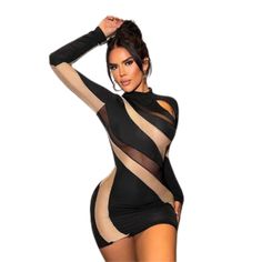 Long sleeve mini dress with mesh cut outs. color: black and tan Mini Bodycon Dress With Sheer Mesh Sleeves, Mini Mesh Bodycon Dress With Sheer Sleeves, Sheer Sleeve Mesh Bodycon Mini Dress, Stretch Mesh Mini Dress With Sheer Sleeves, Stretch Mesh Dress With Sheer Sleeves, Mini Length, Bodycon Long Sleeve Mesh Mini Dress, Long Sleeve Mesh Bodycon Mini Dress, Long Sleeve Bodycon Mesh Mini Dress, Fitted Long Sleeve Mesh Mini Dress