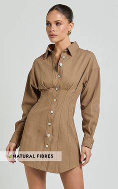 Sofia Mini Dress - Button Through Long Sleeve Dress in Mocha | Showpo USA Chic Brown Dress With Buttons, Chic Brown Dresses With Button Closure, Solid Mini Dress With Buttons For Fall, Fall Solid Mini Dress With Buttons, Beige Long Sleeve Dress With Button Cuffs, Brown Knee-length Mini Dress With Button Closure, Beige Long Sleeve Shirt Dress With Button Closure, Beige Long Sleeve Single Breasted Dress, Brown Fitted Long Sleeve Shirt Dress