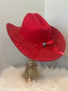 Handmade rhinestone cowgirl hat.  *NO returns or exchanges* All orders are Made To Order and custom made. Red Western Style Party Hat, Red Western-style Party Hat, Western Bling Hat For Rodeo, Western Style Bling Hats For Rodeo, Western Hats With Bling For Rodeo, Western Style Hat With Bling And Curved Brim, Country Style Rhinestone Hats For Rodeo, Western Wide Brim Hat With Bling, Rodeo Hat With Rhinestones And Curved Brim