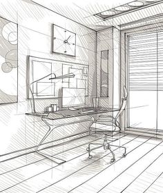 a drawing of a room with a desk and chair