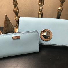 This Listing Is For Both The Wallet And The Clutch. Please Comment If You’re Interested In The Wallet Or Clutch Individually. Orig $175/110 Each Perfect Condition Light Blue Kate Spade Clutch And Matching Wallet. Use Together Or Separately, You’re Sure To Make A Statement With These! Perfect Condition, Fast Shipping, Smoke Free Home. Bundle With Other Items In My Closet For A Discount Or Make Me An Offer :) Designer Blue Wallet For Everyday Use, Kate Spade Blue Wallet With Card Slots, Kate Spade Blue Travel Wallet, Kate Spade Blue Rectangular Wallet, Butterfly Sleeve Blouse, Book Clutch, Kate Spade Clutch, Oversized Clutch, Wrist Wallet