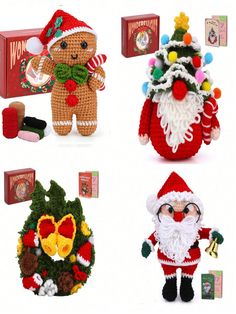 crocheted christmas decorations including santa claus and other items