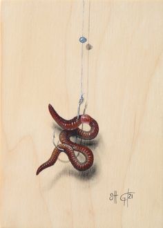 a painting of two red worms hanging from a string on a wooden board with strings