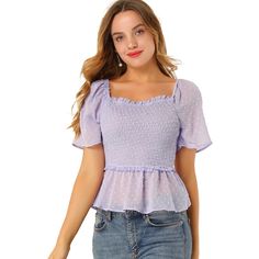 Introducing the perfect chic style for romantic beach nights - the ruffle blouse. Pair it with your favorite casual pants and heels for an effortlessly elegant look. This blouse features a flare short sleeve, square neckline, and cropped length. Please note that it has a see-through design, so make sure to wear it with a suit cami top. Also, please allow for a 1-2cm difference due to manual measurements. Beach Nights, Sheer Floral Blouse, Blouse Purple, Romantic Beach, Sheer Shorts, Sheer Shirt, Women's Blouses, Pinterest Closet, Swiss Dot