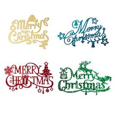 four different types of merry christmas cutouts in gold, silver, and green glitter