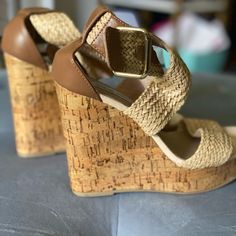 Never Worn But Few Spots Of Peeling Under Foot From Being In Closet. Not Very Visible When Worn. Criss Cross Woven Straps Brown Ankle Strap Wedge Sandals For Day Out, Casual Brown Wedge Sandals For Day Out, Brown Wedge Heels For Day Out, Steve Madden Wedges, Shoes Steve Madden, Womens Shoes Wedges, Steve Madden Shoes, Tan Brown, Criss Cross