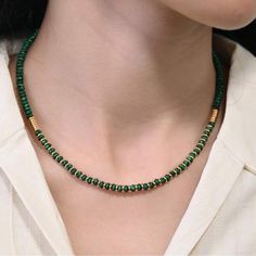 100% Authentic Gemstone. Beautiful Handcrafted Made Of Natural Green Malachite Semiprecious Gemstone And Gold Disc Beaded Design Choker Necklace. Bead Size: 2mm Thickness: 5mm Length: Approx 15 1/2 + 2” Extender Most Gemstone Beads Vary In Color And Pattern Depending On The Gemstone. Stainless Steel Properties: Malachite Is The Essence Of Joy And Is Known As The "Stone Of Transformation" Because It Helps Reveal And Heal Emotional Pain By Absorbing The Pain Into Itself. It Is Especially Helpful In Bringing Ease During Times Of Change And Gives The Insight Needed For Personal Growth. It Is Believed Malachite Balances Mood Swings, Heals Cramps, Alleviates Menstrual Gemstone Bead Necklace Ideas, Green Gemstone Necklace, Mens Beaded Necklaces, Winter Necklace, Malachite Jewelry, Necklace Bead, Stone Choker, Green Malachite, Black Bead Necklace