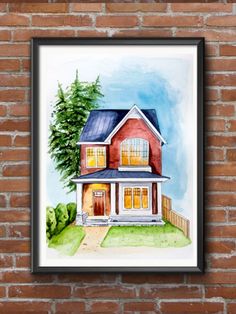 a watercolor painting of a house on a brick wall