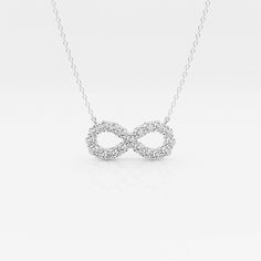 Life comes with endless possibilities and this infinity necklace will remind you of just that. Dazzling lab grown diamonds are in set in the metal of your choice. Wear it as a symbol of the infinite power of love. White Gold Infinity Fine Jewelry, Diamond Infinity Jewelry For Formal Occasions, Timeless Infinity Diamond Jewelry, Formal Infinity Diamond Jewelry, Timeless White Gold Infinity Jewelry, Infinity Necklace With Diamond Accents For Formal Occasions, Diamond White Infinity Necklace, Fine Jewelry, Sterling Silver Infinity Necklace Fine Jewelry, Diamond White Infinity Necklace Fine Jewelry