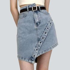 Make a bold statement this summer with our 2023 Summer Collection ââ‚?the embellished asymmetric hem denim skirt! An expertly crafted blend of street style & sophisticated elegance. this mini mid-waist skirt is sure to be your go-to choice for any occasion.Why It's Your Next Wardrobe EssentialFrom its edgy distressed pattern to its unique asymmetric hem design. this denim skirt is sure to make heads turn. With a secure zipper and button closure. you don't have to compromise on security or style. Denim Skirts Online, Womens Denim Skirts, Jeans Street Style, Embellished Denim, Fashion Designs, Light Blue Denim, Wearing Clothes, Street Style Looks, Street Style Outfit